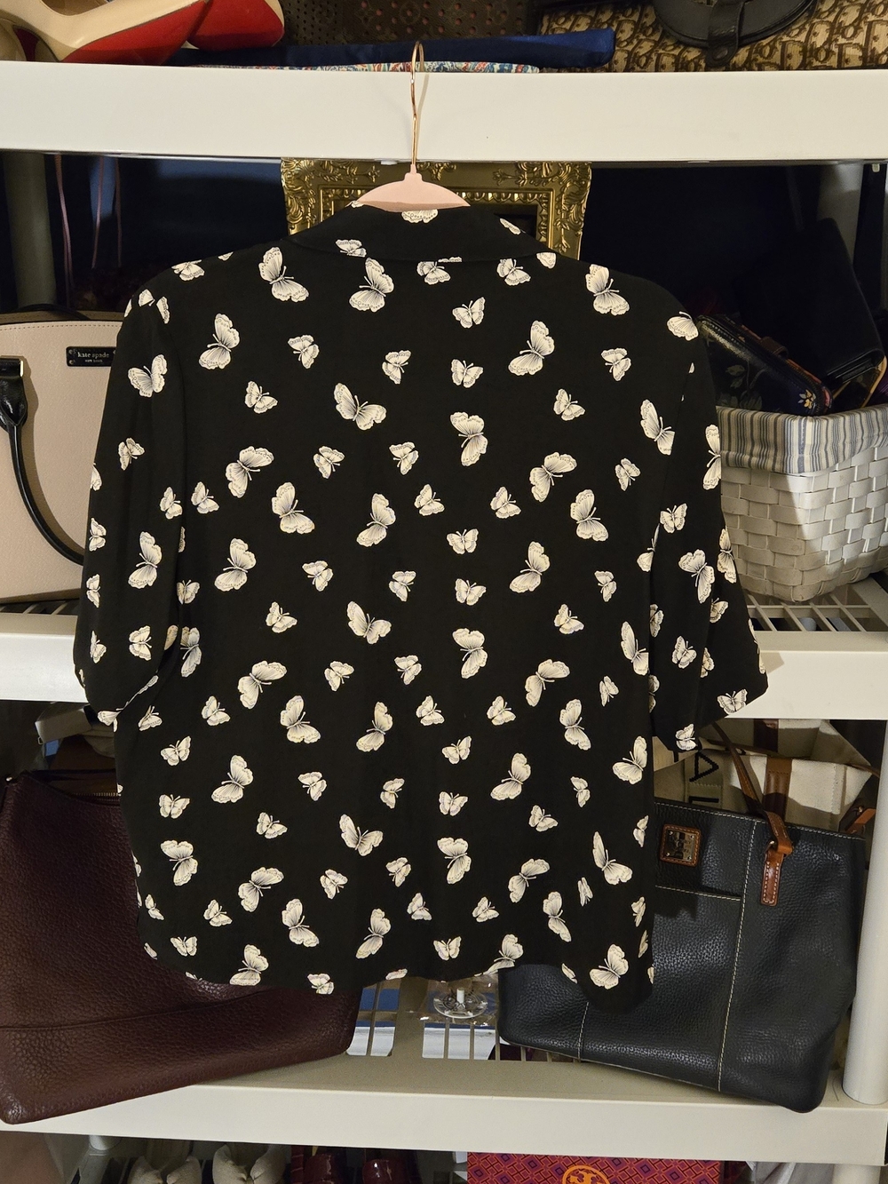 Ann May Black Butterfly Print Silk Button-Up Blouse - Picture 2 of 4
